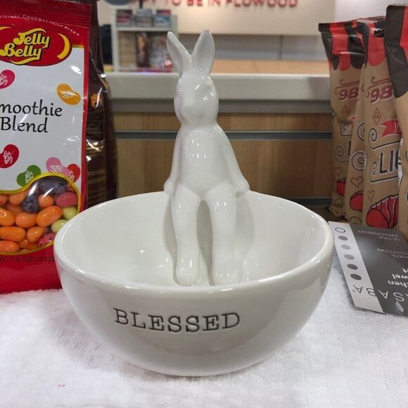 Mud Pie Blessed White Ceramic Bunny Bowl Easter Farmhouse Candy Trinket Dish - Picture 2 of 11